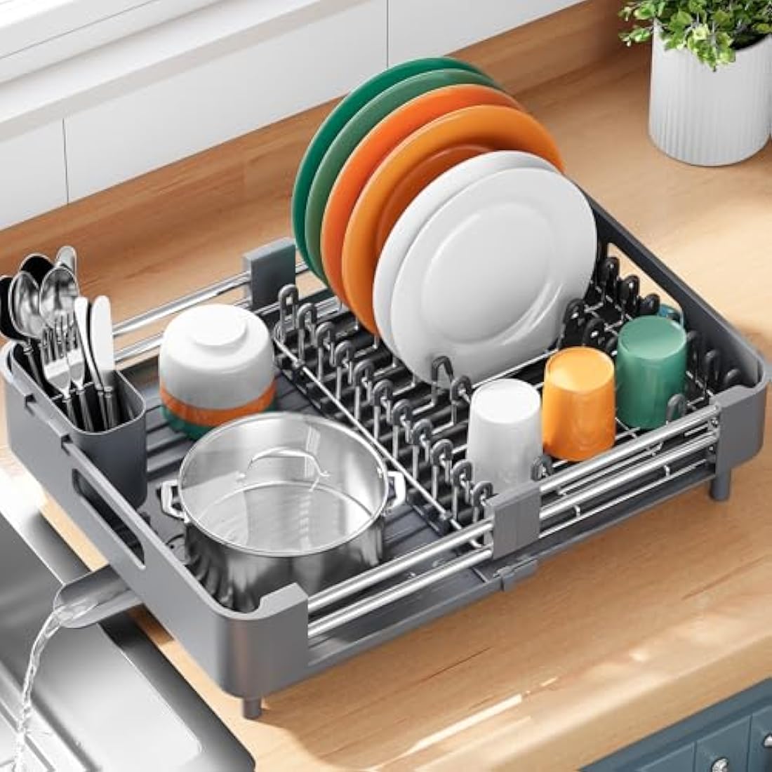 KINGRACK Extendable Dish Drainer Rack, Stainless Steel, Foldable Dish Rack with Removable Cutlery Holder and Anti-Scratch Holder, Adjustable Draining Board Rack with Drainage Spout, Gray