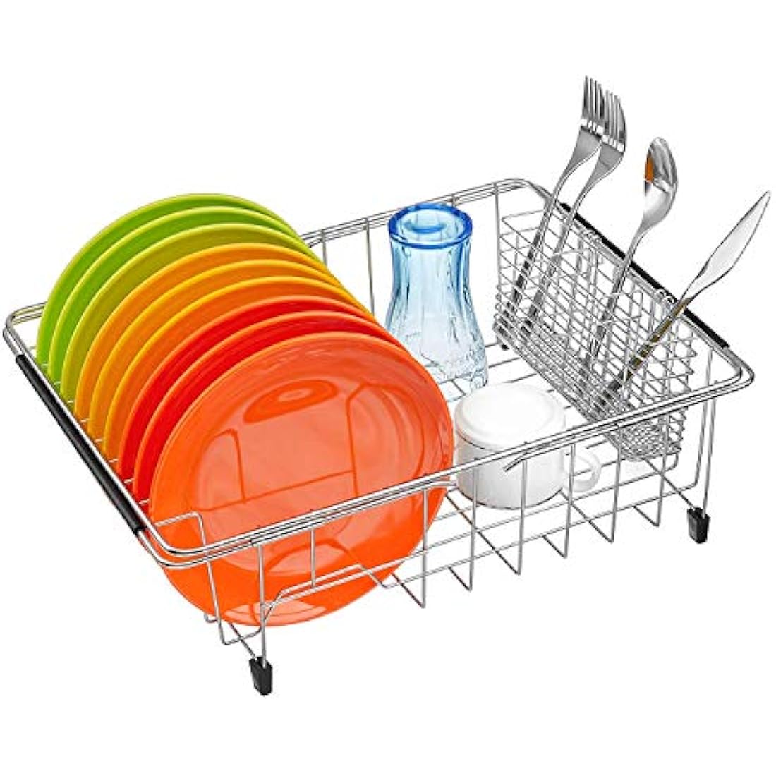 SANNO Expandable Dish Drying Rack with Utensil Cutlery Holder, Dish Drainer Shelf Dish Rack in Sink On Counter with Utensil Silverware Cutlery Holder, Rustproof Stainless Steel