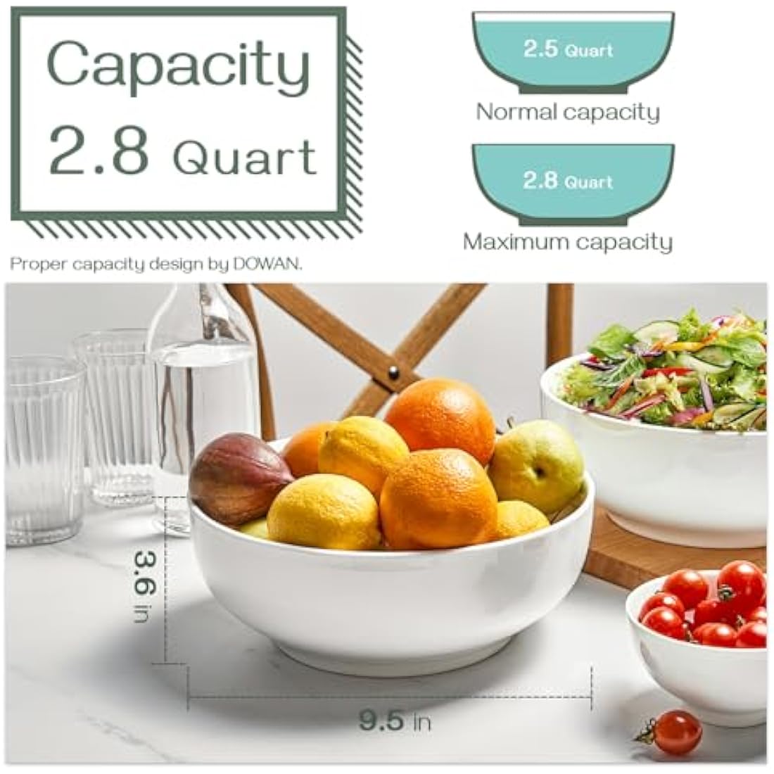 DOWAN Large Serving Bowls, 2700ml Solid Salad Bowls, Φ24cm Ceramic Pho Bowls Set of 2, White Serving Dishes for Dinner Parties, Microwave & Dishwasher Safe, Stackable, Easy Clean