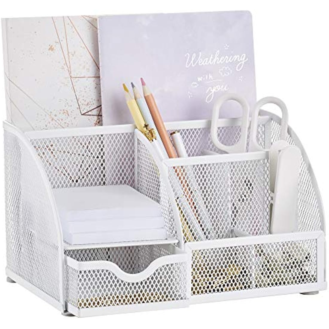 EXERZ Desk Organiser/Mesh Desk Tidy Caddy/Pencil Holder Multifunctional with 7 Compartments– White