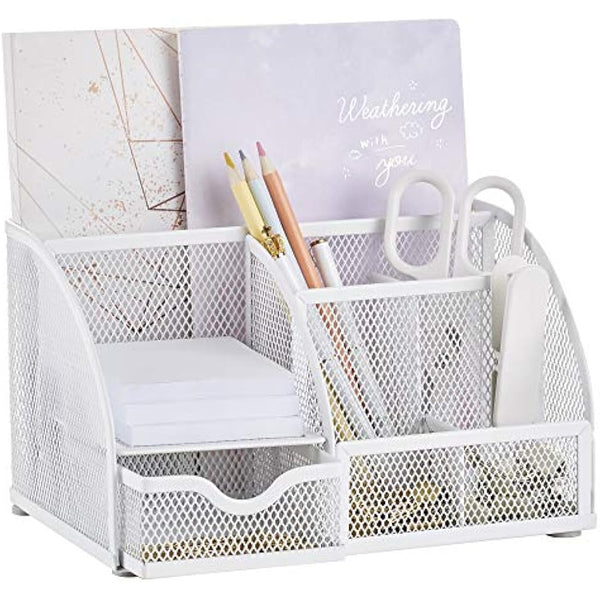 EXERZ Desk Organiser/Mesh Desk Tidy Caddy/Pencil Holder Multifunctional with 7 Compartments– White