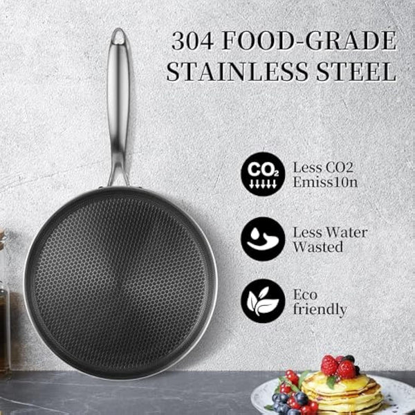 Innerwell Stainless Steel Crepe Pan 30 cm, Nonstick Stainless Steel Honeycomb Coating Pancake Pan, Non Stick Flat Skillet Tawa Dosa Tortilla Griddle Pan, Induction Compatible, PFOA Free