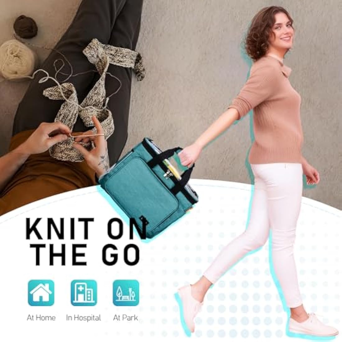 Hoshin Knitting Bag for Yarn Storage, Portable Crochet Tote Bag Yarn Organizer for Crochet Patterns and Hooks, Needles, Skeins of Yarn-Enjoy Knitting/Crocheting Anywhere(Green)