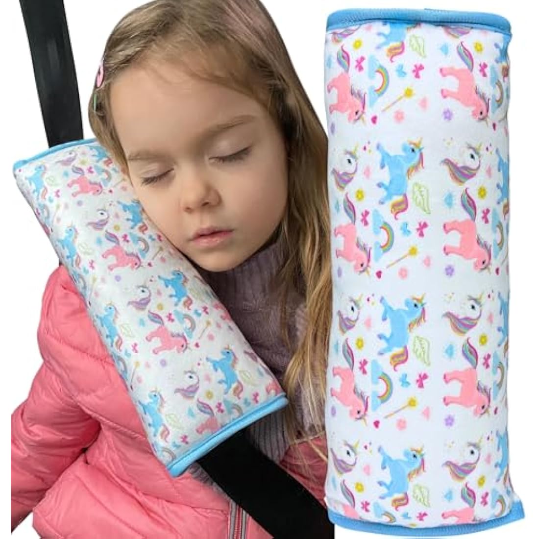 HECKBO magic unicorn car seatbelt pillow for children - machine washable - girl boy kids children soft car seat belt cover sleeping pillows protection car travel pillow cushion vacation