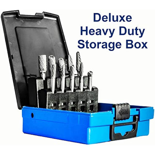 10pc Carbide Burr Set 1/4" Shank Tungsten Double Cut Rotary Die Grinder Bits - Cutting Burrs for Most Drills and Die Grinding Accessories - Wood Carving Metal Working & Sturdy Storage Case