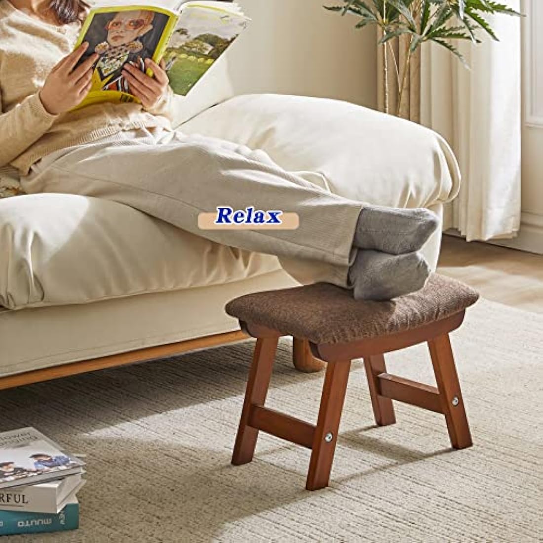 Aibiju Wooden Footstool, Foot Stool Ottoman Padded Chair Stool with Removable Cover 4 Beech Legs Suitable for Bedroom, Living Room and Kitchen, (Brown leg+ Brown cushion), YDEU-1359