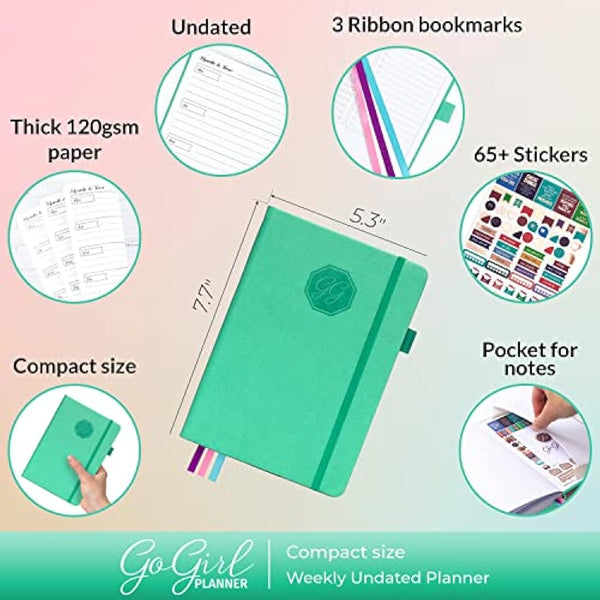 GoGirl Planner and Organizer for Women - Compact Size Weekly Planner, Goals Journal & Agenda to Improve Time Management, Productivity & Live Happier. Undated – Start Anytime, Lasts 1 Year – Emerald
