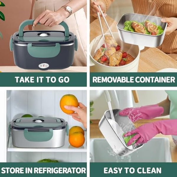 Electric Heated Lunch Box 100W - 3-in-1 Fast Heating Lunch Boxes Portable for Adults, 12V/24V/220V with 2 Pack Containers (Single & Compartment) for Car Truck Office (3 Times Faster), Navygreen