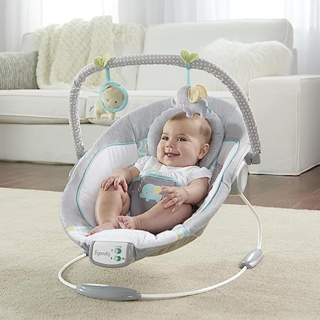 Ingenuity, Soothing Baby Bouncer Chair with Soothing Vibrating Infant Seat, Morrison - 8 Melodies, Removable Toy Bar with 2 Plush Toys, Volume Control, 3-Point Harness, Newborn 0-6 Months