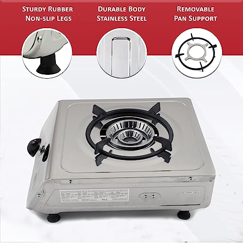 NJ-100SD Indoor Gas Stove - Single Burner Portable Gas Hob LPG Cooker Caravan Cooktop Stainless Steel Freestanding Table Top for Home Kitchen Camping