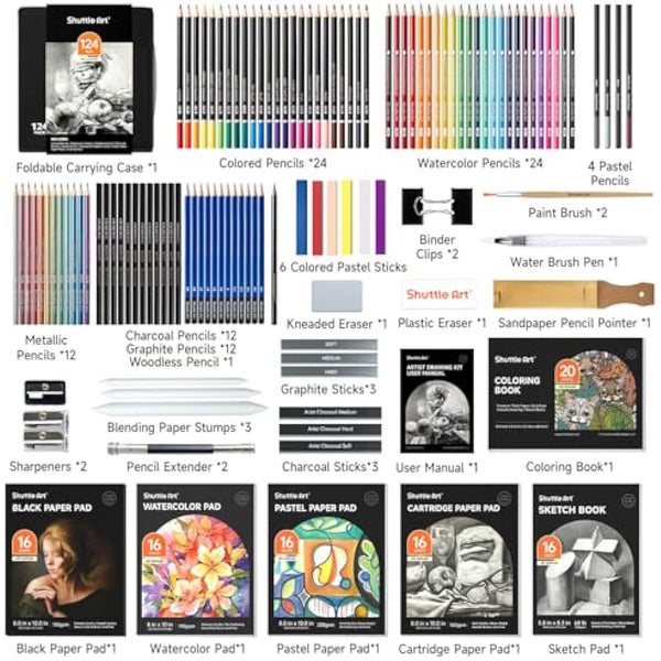 Shuttle Art 124 Pack Sketching and Drawing Pencils Set, Sketch Art Pencil Set with 4 Drawing Pads, Graphite Pencils in Zipper Case, Colouring Pencils for Artist Sketching, Art Set for Adults, Beginner