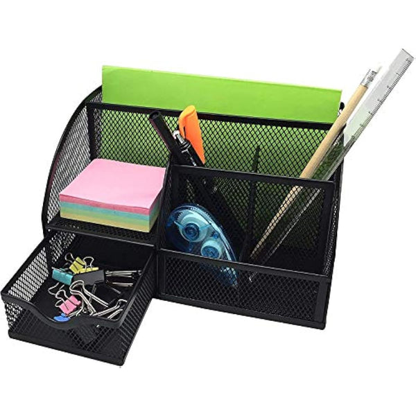 EXERZ Desk Organiser/Mesh Desk Tidy Caddy/Pencil Holder Multifunctional with 7 Compartments- Black