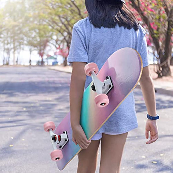 ILAHUI Skateboard for Teenagers, Girls, Adults, Beginners - 7 Layers Maple Wood Deck 80 x 20 cm - Rainbow Powder