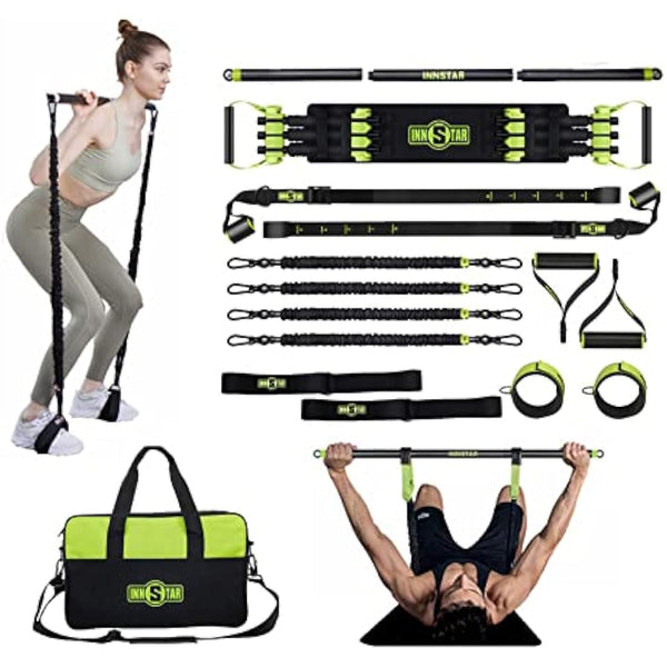 INNSTAR Upgraded Portable Home Gym 5.0, Adjustable Bench Press Resistance Bands,Full Body Workout Strength Training Equipment with Detachable Fitness Bar, Handles,for Home,Travel,Gym