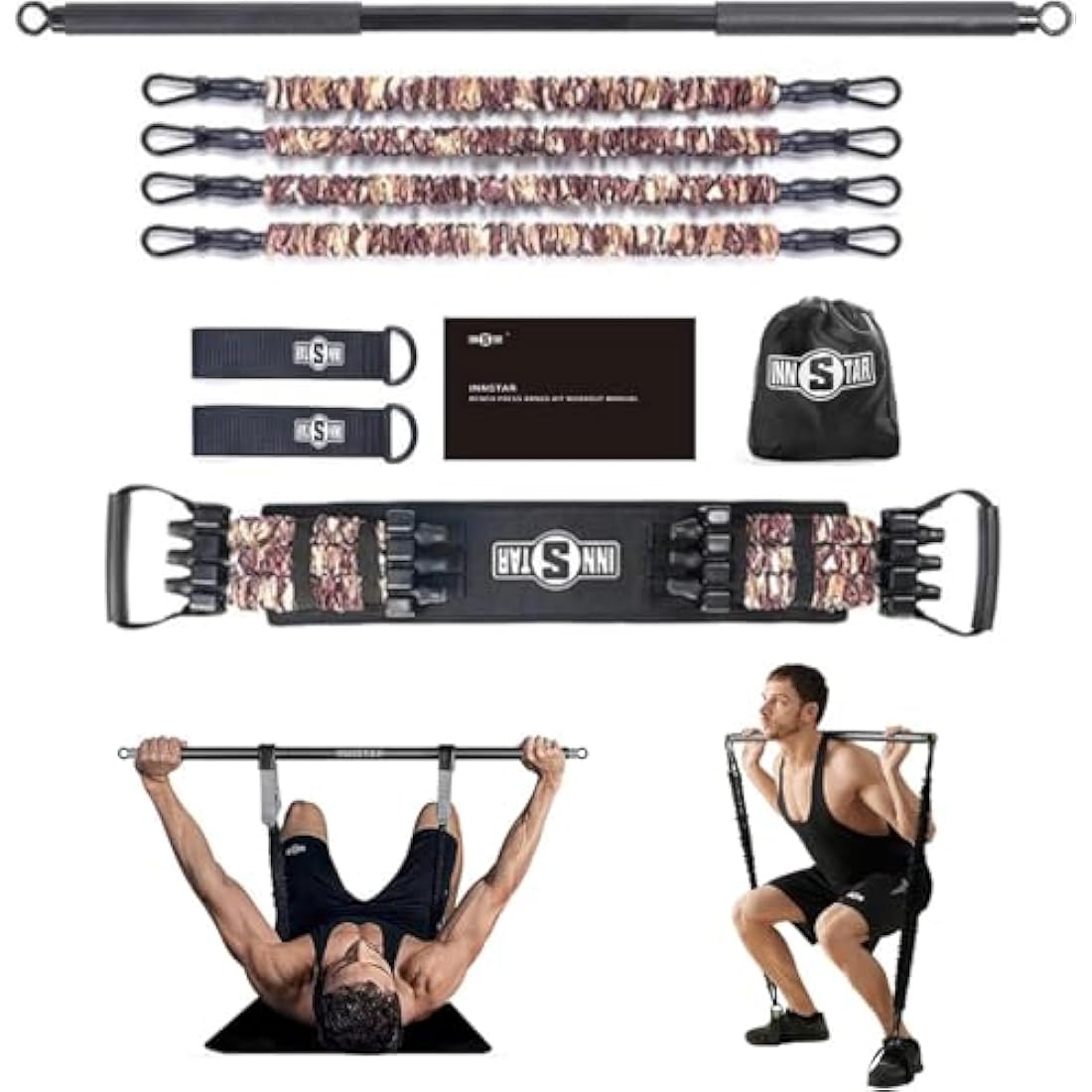 INNSTAR Portable Home Gym Set with Workout Bar, Bench Press Set, Squat Resistance Band, Door Anchor and More-Full Body Workout Equipment to Build Muscle and Shape Body