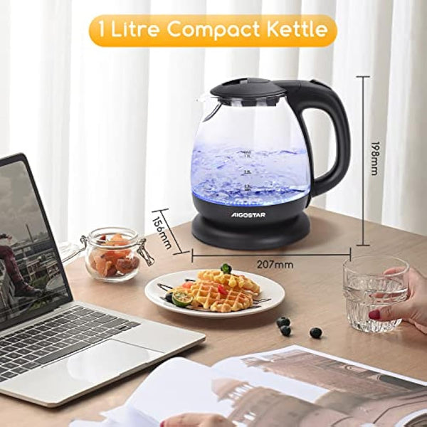 Aigostar Small Electric Kettle, 1.0L Black Glass Kettle Cordless, Compact Mini Clear Water Tea Kettle Fast Quiet Boil for Kitchen Bedroom Office, 2200W - Elfin 30A0Q