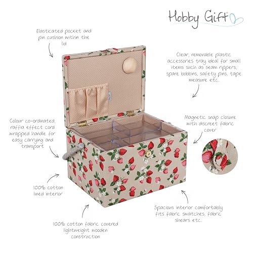 Hobby Gift Exclusive Large Sewing Craft Hobby Storage Box, Accessories Tray Pin Cushion Pocket PVC Handle 23.5 x 31 x 20cm, Strawberries