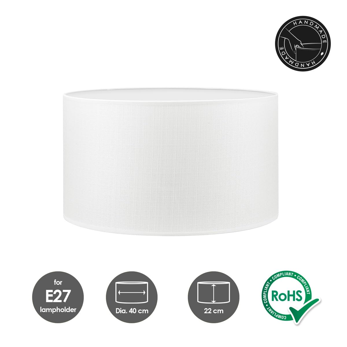 Home Sweet Home collection Modern Lampshade Canvas | Cylinder | 40/40/22cm | White | Fabric lampshade Made of Cotton | for E27 lamp Holder | RoHS