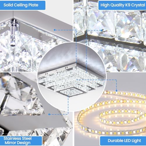 Finktonglan Square Crystal LED Ceiling Light Fixtures, 15” Modern Chandelier Ceiling Lights 3-Tiers Flush Mount Ceiling Lamp Fixture for Living Room Dining Room(6500K Cool White)