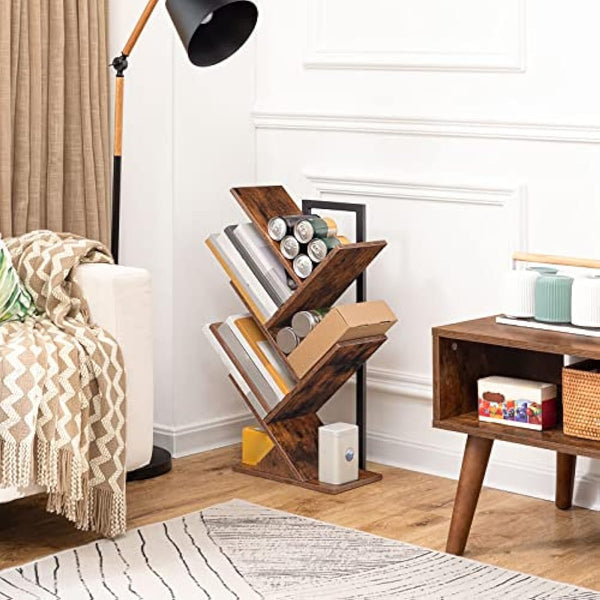 HOOBRO Tree Book Shelf 71 cm, 4-Tier Small Bookcase, Floor Free Standing Bookshelf, Desktop Bookcase, Display Book Magazine CDs Rack, Rustic Brown and Black EBF04SJ01G1