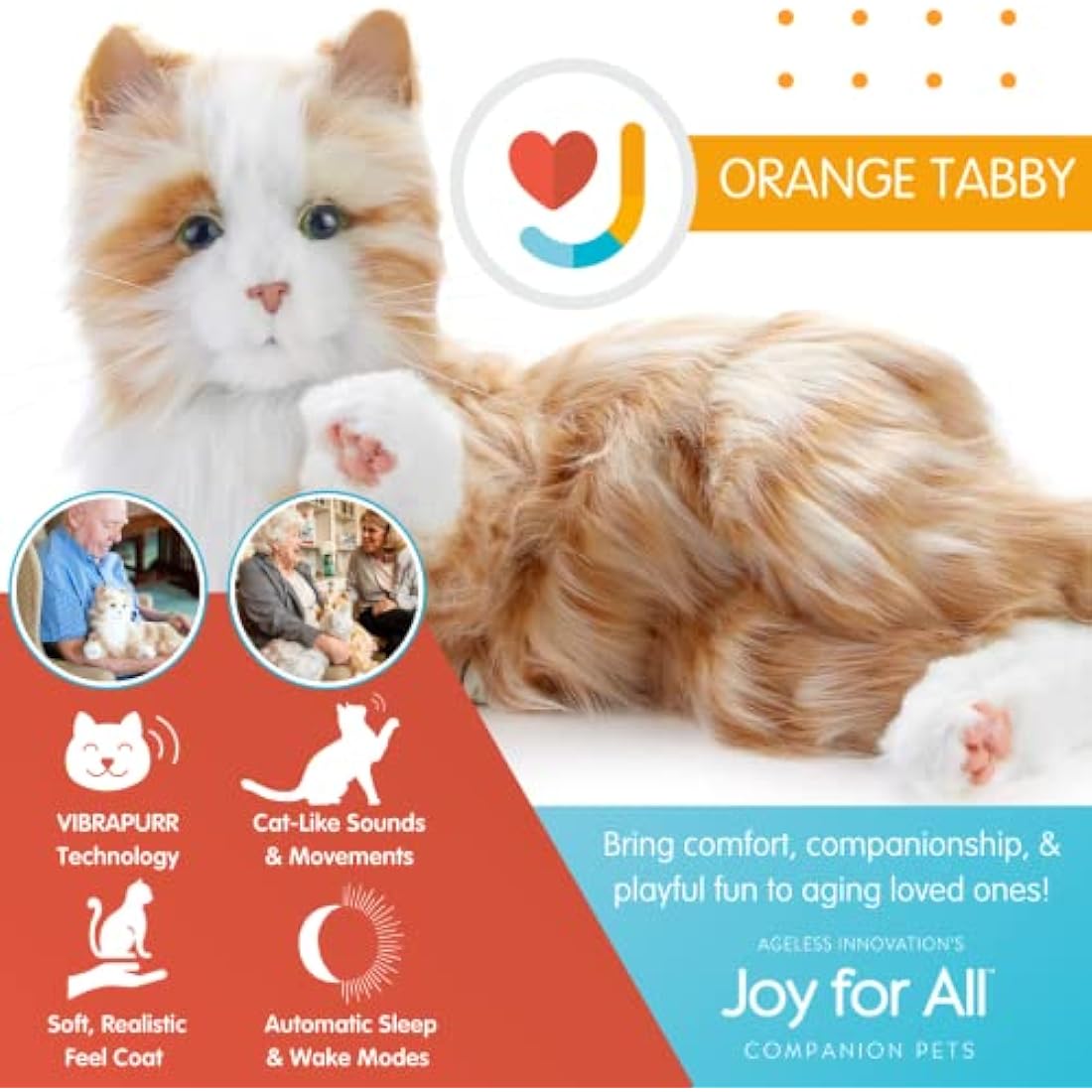 Ageless Innovation Joy For All Interactive Pet Cat - Lifelike & Realistic Companion with Soft Fur and Soothing Purrs, No Assembly Required - Orange Tabby