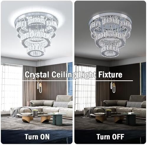FRIXCHUR 15.7" Flower Crystal Chandelier Modern LED Flush Mount Ceiling Light 2 Rings Pendant Lights Chandeliers for Living Room Dining Room Bedroom (Dimmable)