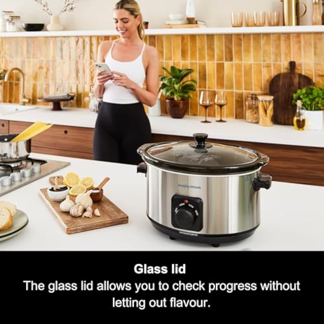 Morphy Richards 6.5L Slow Cooker, Ceramic Pot, 3 Cooking Settings, Easy Clean, Silver, 461013, Brushed Steel