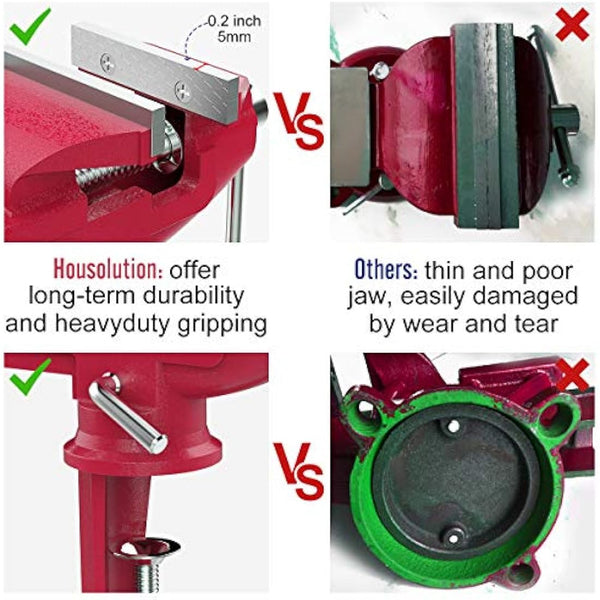 Housolution Universal Table Vise 3 Inch, 360°Swivel Base Bench Clamp Home Vise Clamp-On Vise Repair Tool Portable Work Bench Vise for Woodworking, Cutting Conduit, Drilling, Metalworking - Red