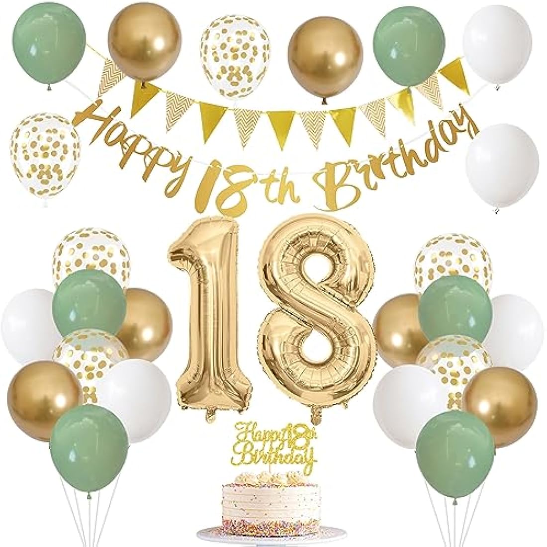 18th Birthday Decorations - Happy 18th Banner, Cake Topper, Foil Balloons in Sage Green, White, Gold for 18 Year Old Party