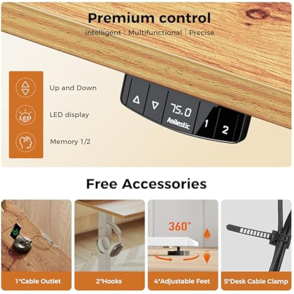 Agilestic L-Shaped Electric Standing Desk, 140cm Height Adjustable Sit-Stand Desk for Home Office, Ergonomic Computer Desk with Spliced Board, Light Brown