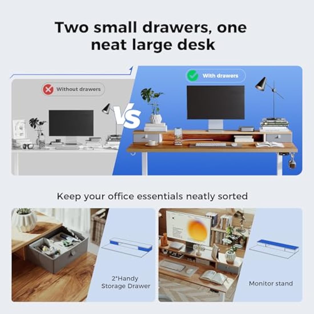 Agilestic Adjustable Height Desk with 2 Drawers, 140 x 60 cm, Stable Electric Sit-Stand Desk, Ergonomic Computer Desk, Light Brown