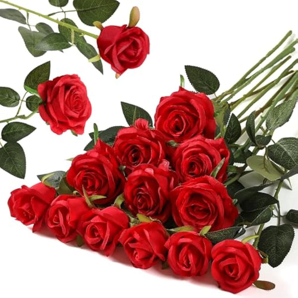 Hawesome 12PCS Artificial Roses Fake Flowers Single Long Stem Blooms with Rose Buds Wedding Decoration Bridal Bouquet Decorative Flower Arrangement Home Decoration Party Centerpieces in Red
