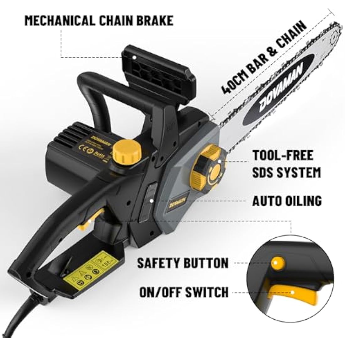 DOVAMAN 2400W Electric Chainsaw, One-Step Tool-Free Tensioning, 16 Inch Oregon Bar and Chain, 15m/s Chain Speed, 6m Power Cable, Auto Chain Lubrication, Powerful Chainsaw with Two Chains - DCS01A