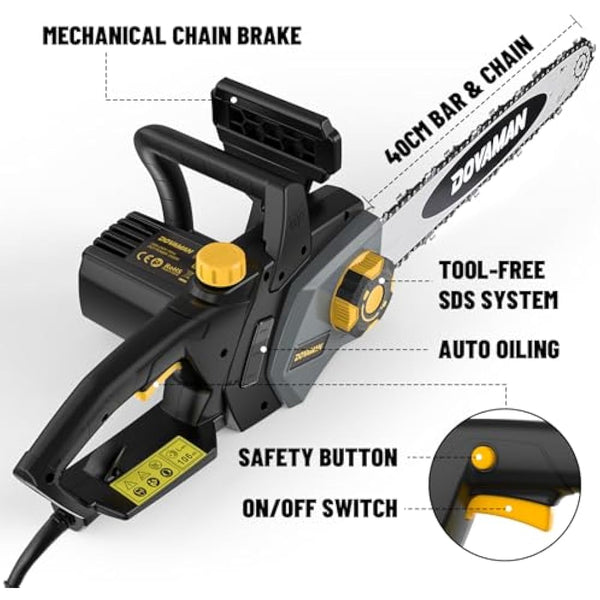 DOVAMAN 2400W Electric Chainsaw, One-Step Tool-Free Tensioning, 16 Inch Oregon Bar and Chain, 15m/s Chain Speed, 6m Power Cable, Auto Chain Lubrication, Powerful Chainsaw with Two Chains - DCS01A