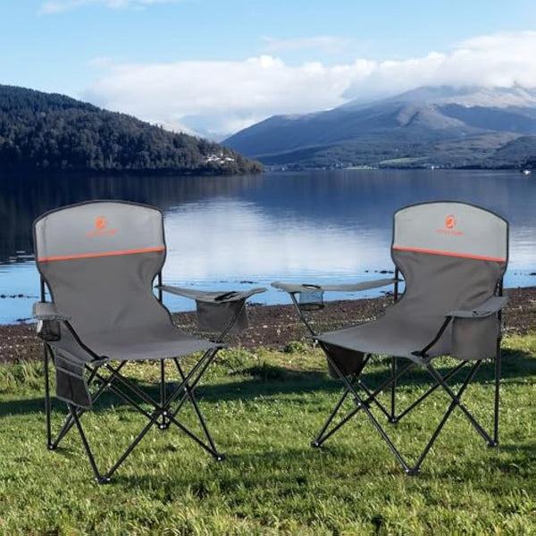 ALPHA CAMP Set of 2 Folding Camping Chairs with Cooler Bag & Cup Holder & Side Pocket Up to 120kg, Lightweight and Portable Camping Chair for Adults, Grey