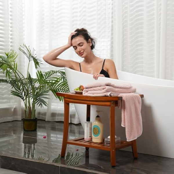 Utoplike Teak Shower Bench Seat with Handles, Wooden Spa Bathing Stool with Storage Shelf, 2-Tier Large Waterproof Chair for Bathroom and Bedroom, Livingroom Use