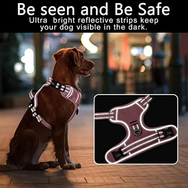 HEELE No Pull Dog Harness, Ex-Large, Release on Neck, Reflective, Adjustable with Front Back 2 Leash Attachments, Soft Padded Control Handle, Light Pink, XL