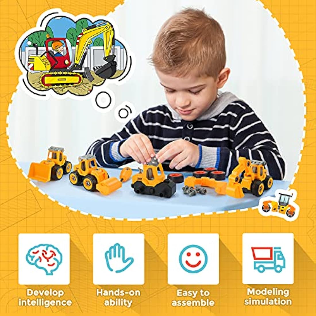 Anginne 4 in 1 Construction DIY Take-Apart Digger Toys Cars Set - Building Toys & Educational Gifts