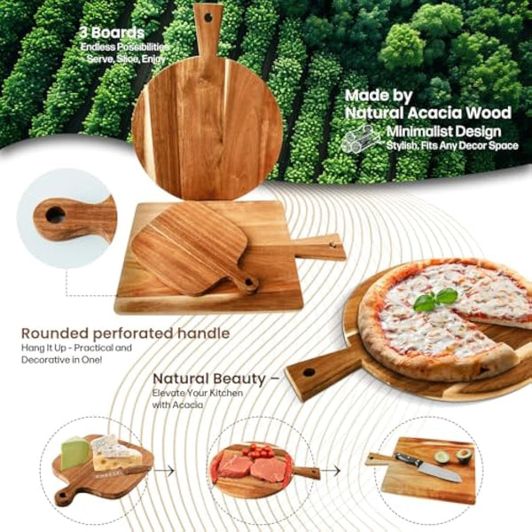 Acacia Round Cheese Board Set 3 Pack with Handles, Wooden Serving Board for Kitchen - Round, Rectangular, and Small Paddle Serving Trays for Cheese, Meat, Pizza, Bread, and Fruits