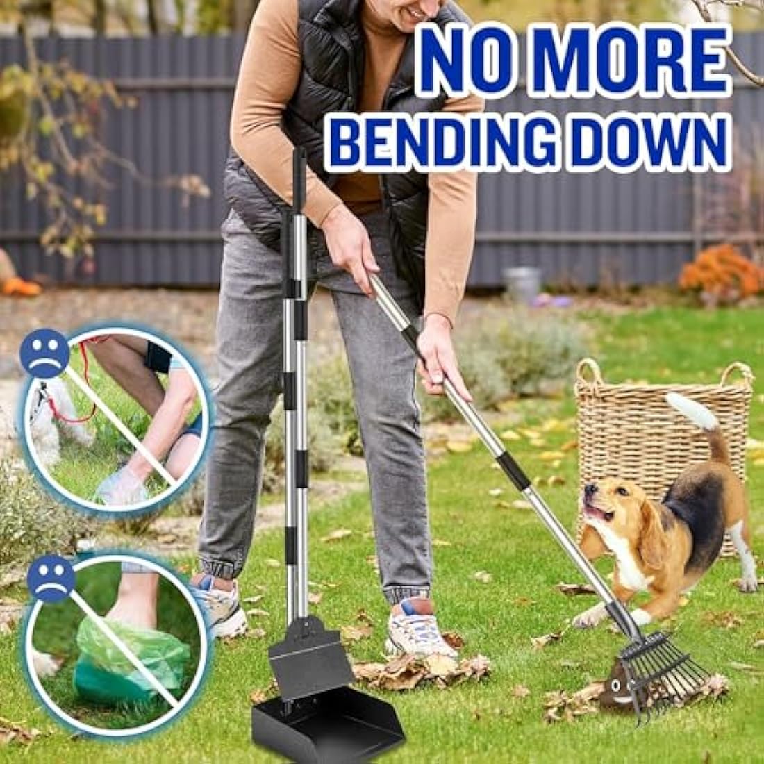 3 Pack Metal Pet Poop Scoop,Tray and Rake,Adjustable Long Handle with Bin for Pet Waste Removal,No Bending Poop Scooper Perfect for Large Medium Small Dogs