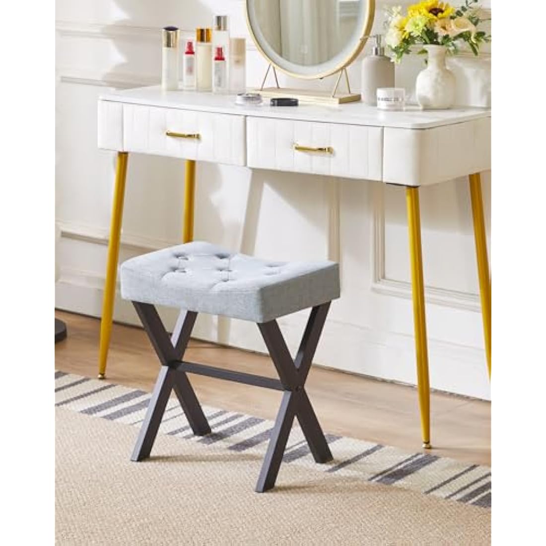 IBUYKE U-shaped Linen Vanity Stool, Square Makeup Stool with X-Leg, Ottoman Seat Footrest Stool, Multi-Use as Small Side Table, for Bedroom, Living Room, Blue Gray WBD018L