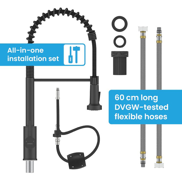 Bächlein Kitchen Faucet 360 Degree Swivel (Brushed Stainless Steel) - One-Hand Sink Mixer with Flexible Neck and Shower with Switch Button, Kitchen Faucet with Magnetic Holder