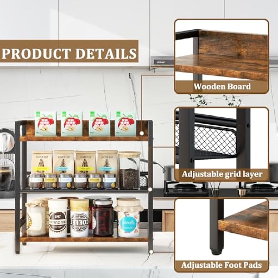 IBUYKE 3-Tier Spice Rack - Industrial Counter Shelf,Desktop Storage Organizer,Standing Seasoning Rack for Countertop Kitchen,Office,Living Room,Rustic Brown TLJ021H