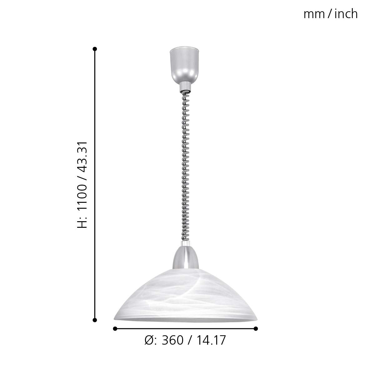 Eglo Lord 2 Height Adjustable Pendant Light, Classic Living Room and Kitchen Hanging lamp, matt Nickel and White Alabaster Glass E27 Socket