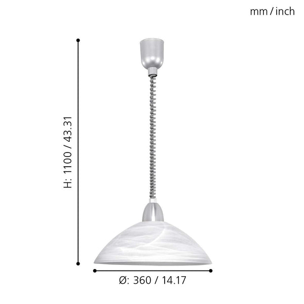 Eglo Lord 2 Height Adjustable Pendant Light, Classic Living Room and Kitchen Hanging lamp, matt Nickel and White Alabaster Glass E27 Socket