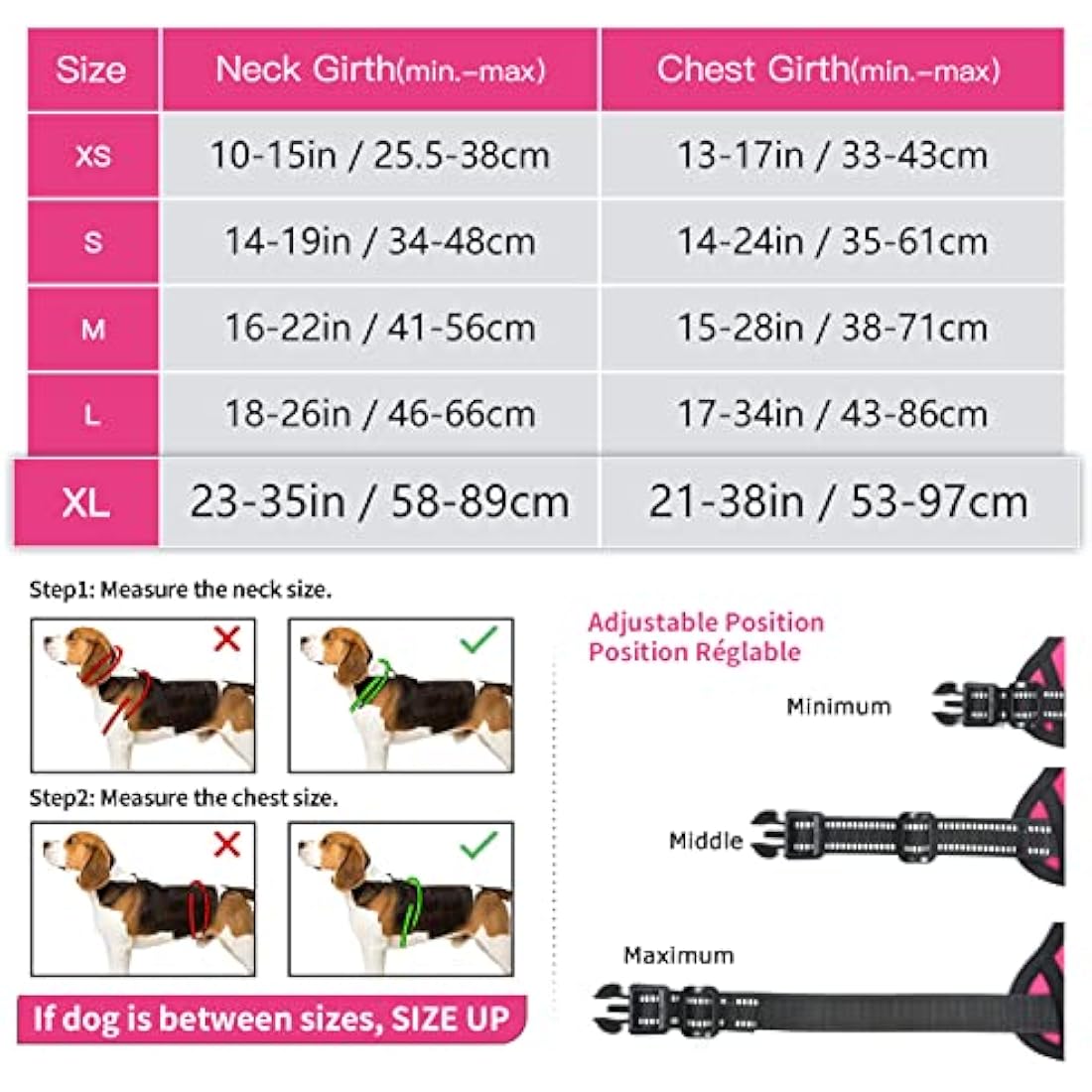 HEELE Dog Harness, Reflective Anti-Pull, Control, 2 Metal Rings, XL, Pink Red