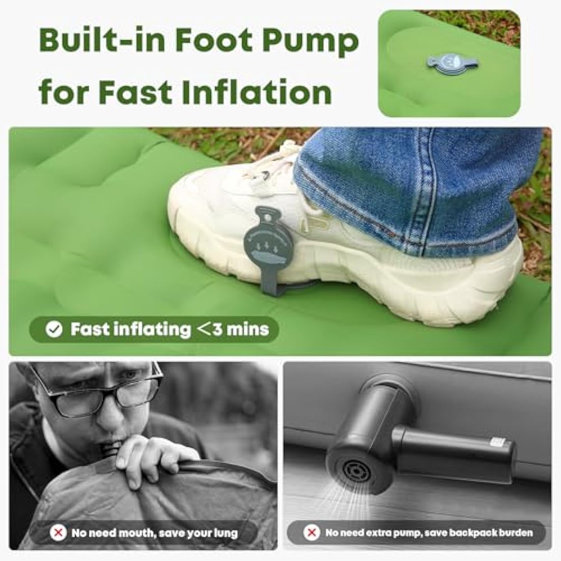 MAMBAKOTR Camping Air Bed 12-15CM Extra Thick, Reinforced Support Structure with Built-in Foot Pump and Pillow Portable Camping Sleeping Mat Air Mattress for Tent Backpacking Hiking Travel