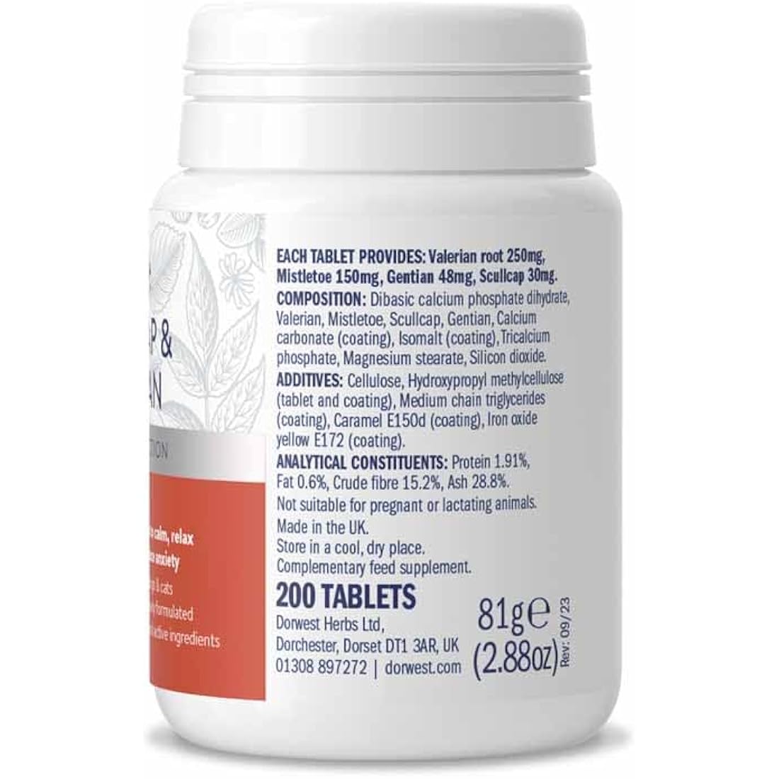 DORWEST HERBS Scullcap & Valerian Calming Tablets for Dogs and Cats, 200 Tablets, Natural Dog Calming Supplements for Stress and Anxiety Relief – Sugar-Free, Non-Drowsy, Light Yellow Tablet, 14DOR017