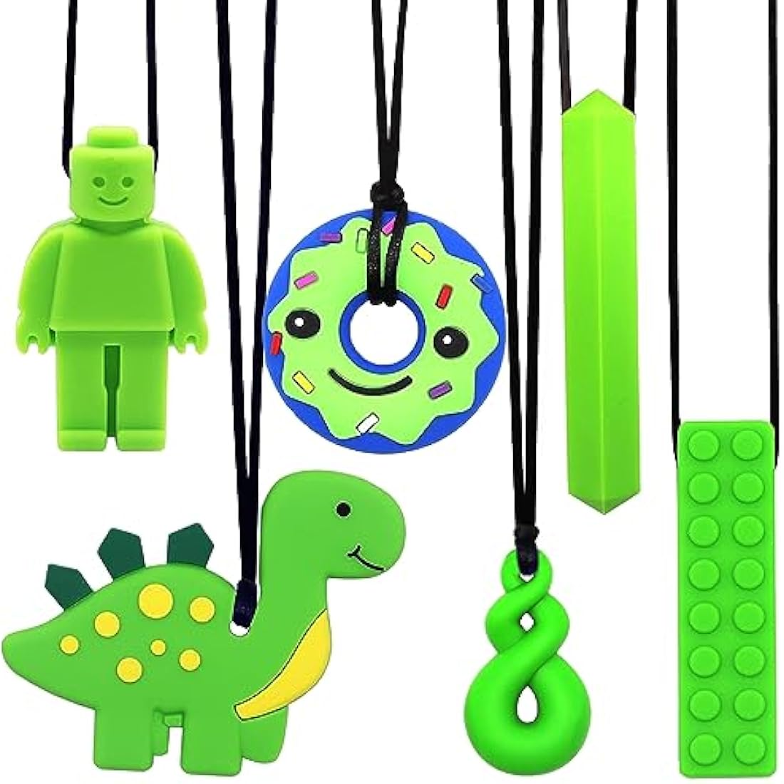 6PCS Sensory Chew Necklace, Teether Chew Toys Safety Food Grade Silicone for Kids Toddlers ADHD, Autistic, Biting Needs, Oral Motor Teether Chew Pendant Toy with Adjustable Buckle for Baby Boys(Green)