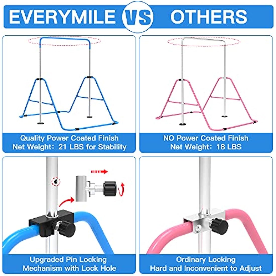 EVERYMILE Gymnastics Bars, Junior Training Kip Bar Gymnastics Equipment for Home,Adjustable Height Folding Horizontal Bar with Gymnastic Rings for Kid